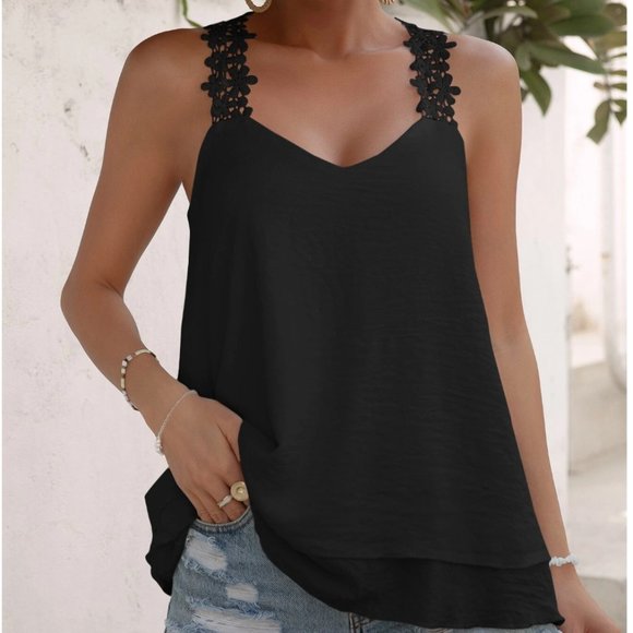 Guipure Lace Panel Cami Top Black - Picture 1 of 7